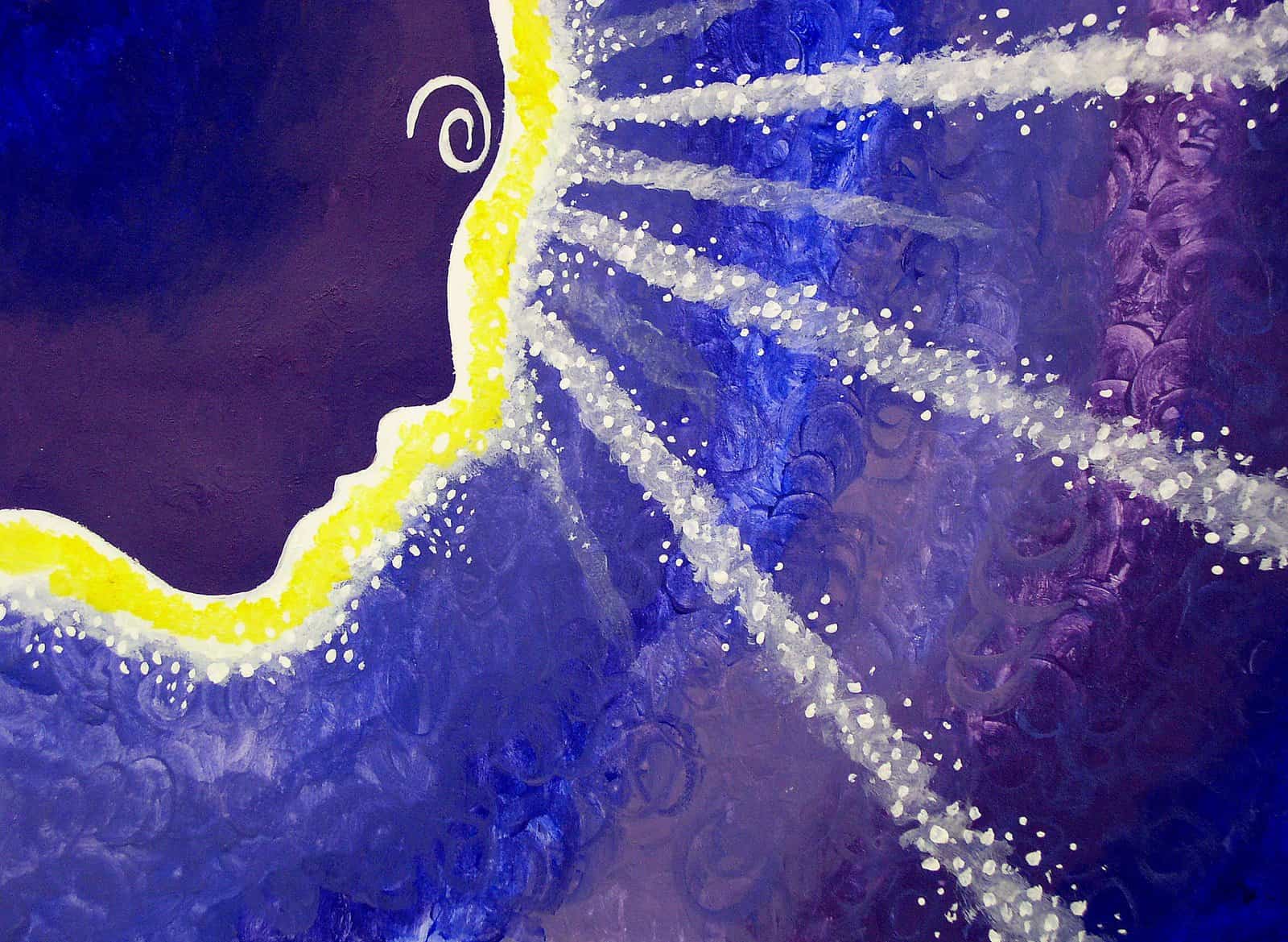 Visage stylisé avec aura lumineuse sur fond bleu violet Profil stylisé d'un visage avec aura jaune et rayons blancs sur fond bleu et violet.